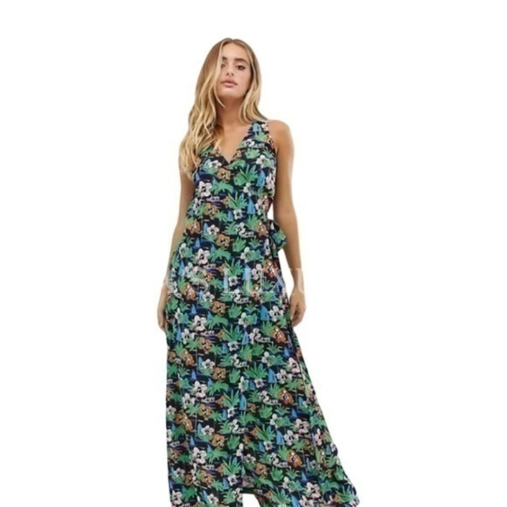 LOVE MOSCHINO DRESS BLACK GREEN SIGNATURE HAWAIIAN PRINT WRAP MAXI Size 10